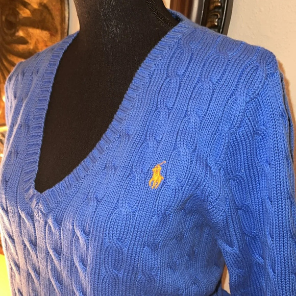 Ralph Lauren Women’s Periwinkle Blue Cable Knit V-Neck 100% Cotton Sweater XL - Picture 2 of 15